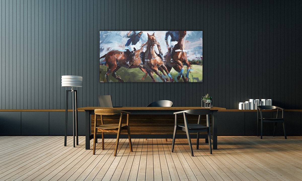 Pferdegemälde von Hartmut Hellner, der Leinwanddruck einer Poloszene in einem modernen Arbeitszimmer