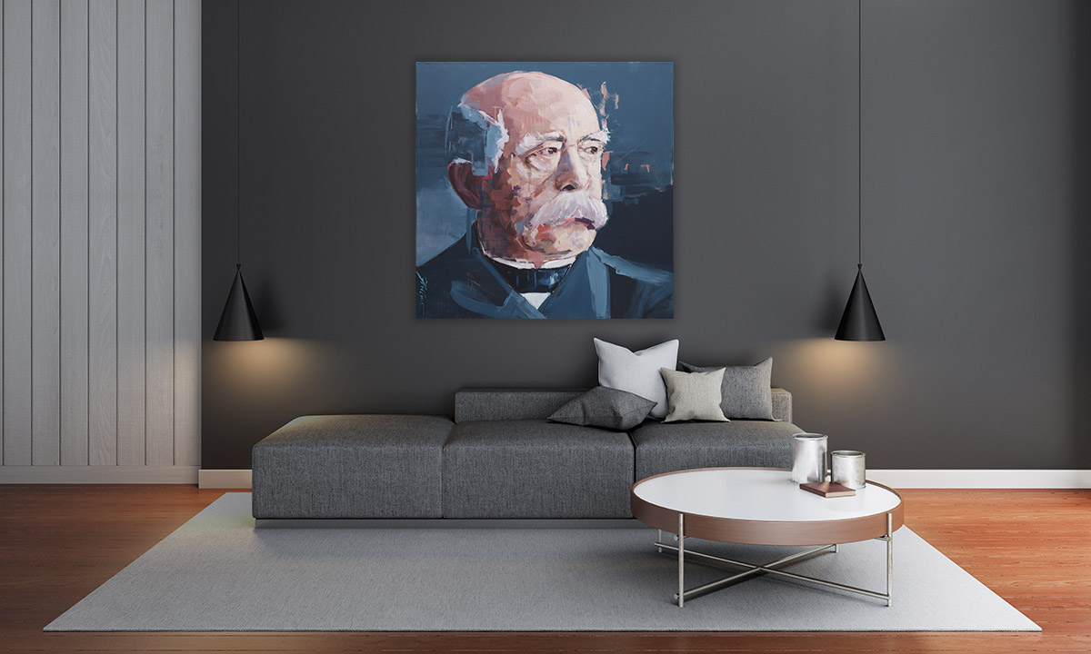 Portraitgemälde von Hartmut Hellner, Leinwanddruck eines Portraits von Bismarck in einem modernen Wohnzimmer