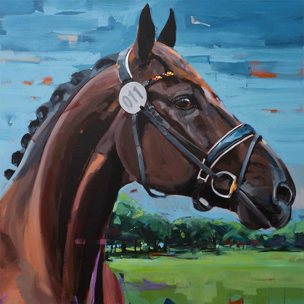 Portrait of the vaulting horse Calidor, Horse of the Year 2023 of the magazine Reiter Revue International – painted by Hartmut Hellner