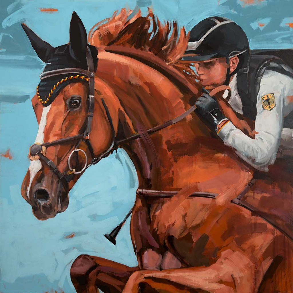 Portrait of the show jumper Viamant du Matz, Sandra Auffarth’s beloved horse, modern equine painting by Hartmut Hellner, emphasising expression and personality.
