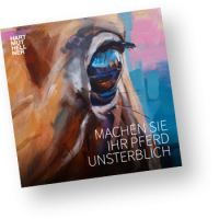 Cover image of Hartmut Hellner’s art catalogue featuring an extreme close-up of a horse’s eye in an expressive style, emphasising the detailed reflection in the eye and bold brushstrokes in ochre, blue, and pink tones.